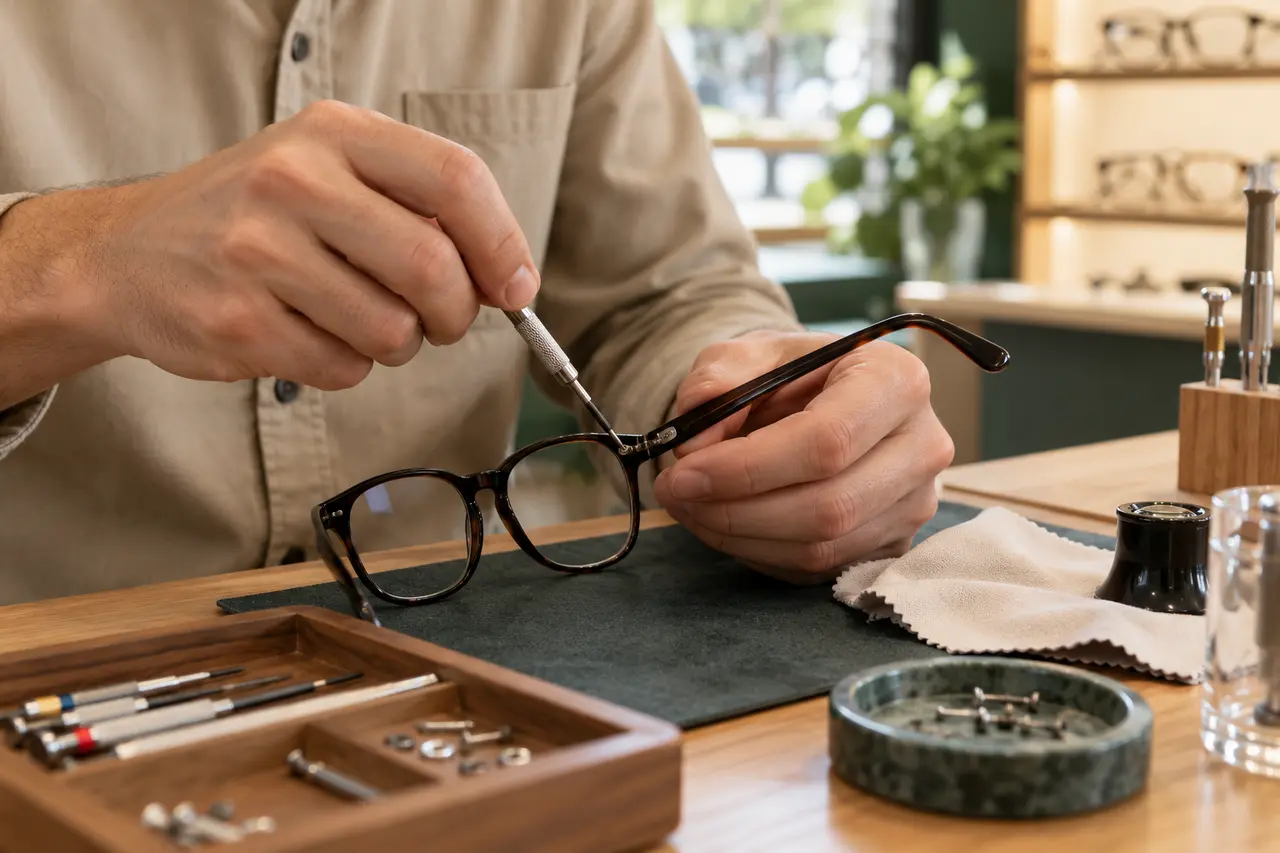 Mains ajustant la charnière d’une monture avec un tournevis dans un atelier d’optique