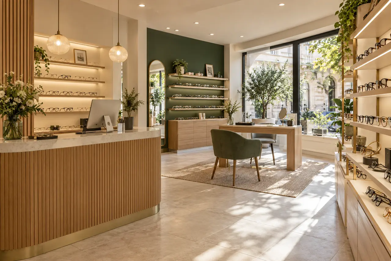 Intérieur d’une boutique d’optique avec comptoir, présentoirs de montures et fauteuil de conseil