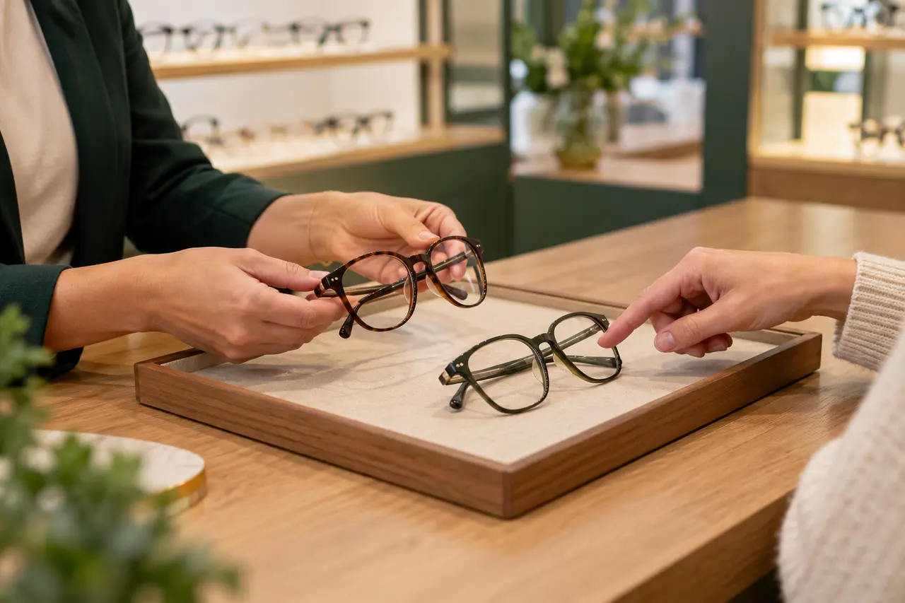 Mains d’un professionnel et d’un client comparant deux montures sur un comptoir d’optique
