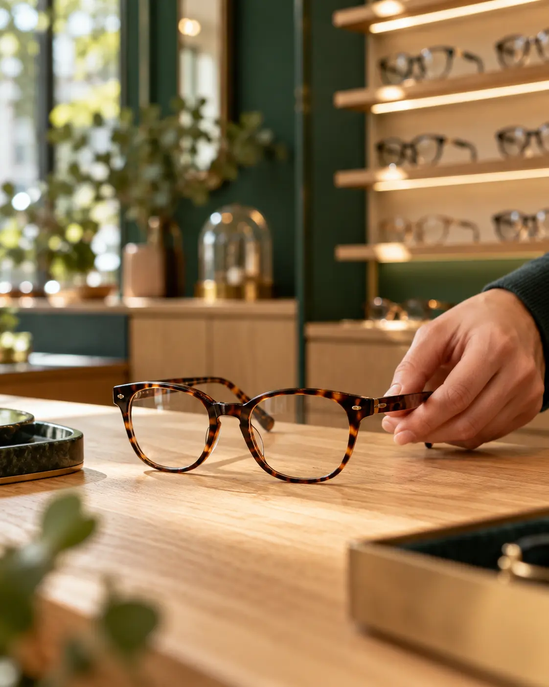 Main présentant une monture en écaille sur le comptoir d’une boutique d’optique