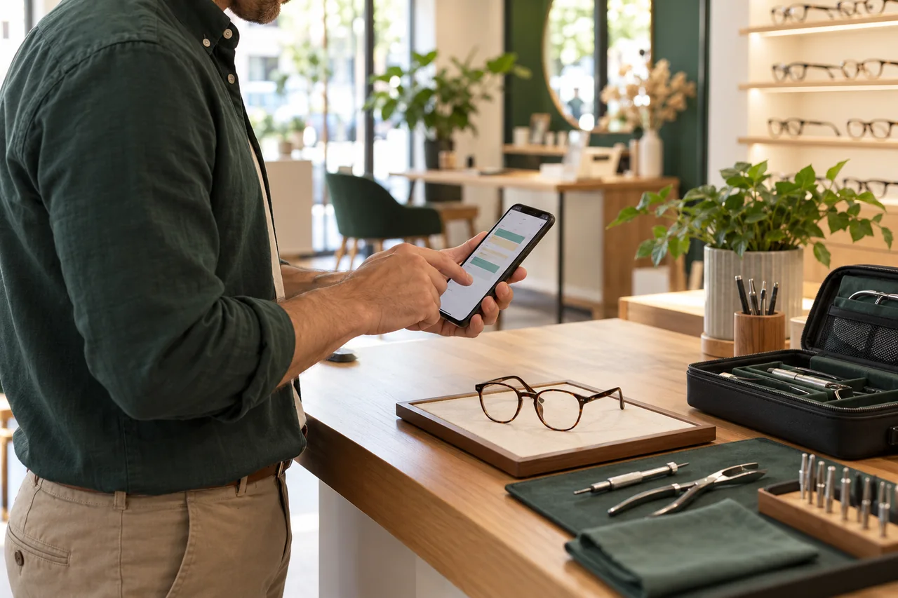 Opticien remplaçant indépendant consultant son planning avant une mission en boutique