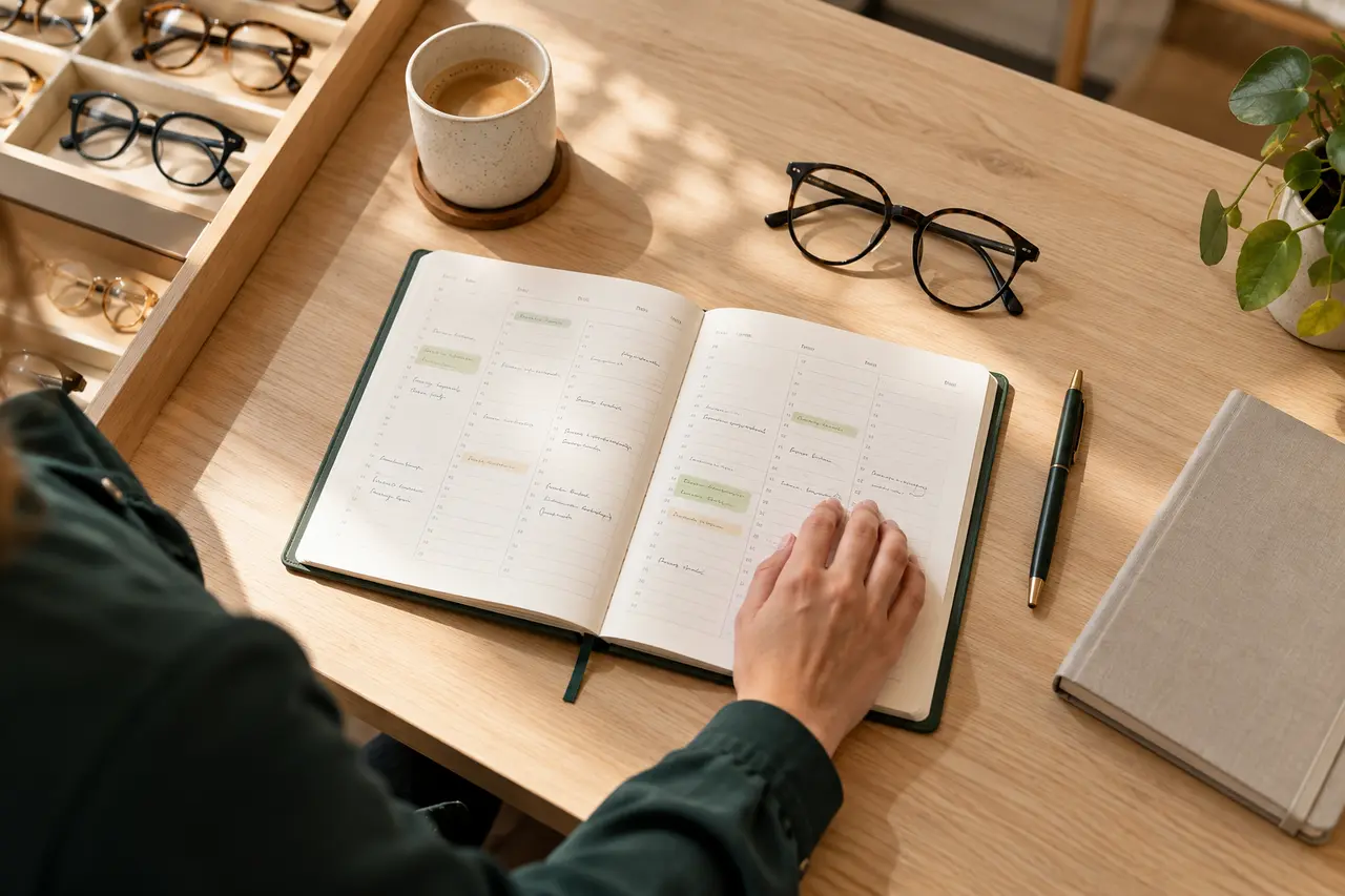 Préparation d’un planning de remplacement avec agenda, stylo et lunettes sur un bureau