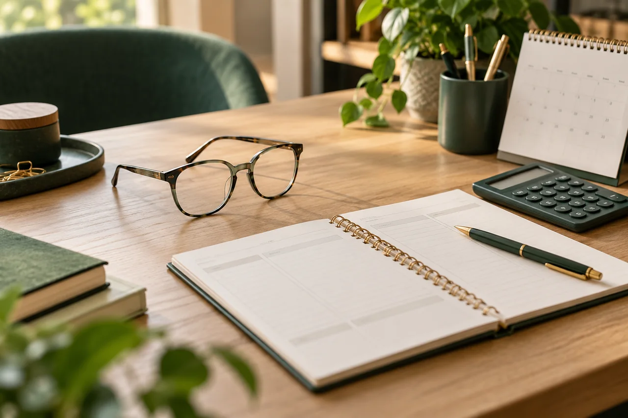Monture, calculatrice et carnet de devis utilisés pour préparer le tarif d’une mission d’opticien remplaçant