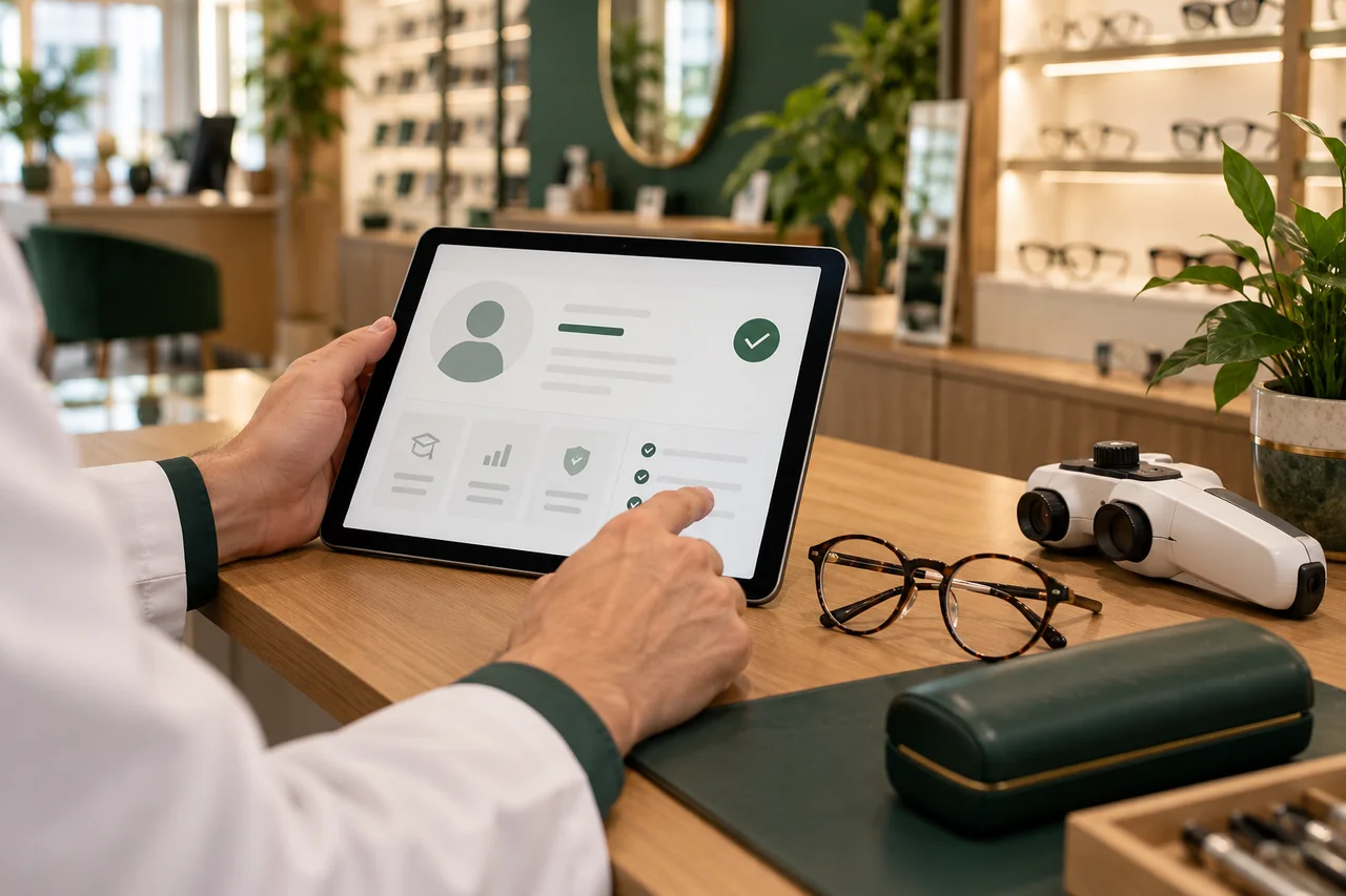 Vérification d’un profil professionnel d’opticien sur une tablette dans une boutique d’optique